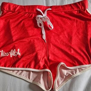 Like New Women's S/M Red Silky Stretchy Shorts "Thicc•fil•A"